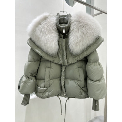 Veste courte en duvet de canard blanc haut de gamme avec col en fourrure de renard, manteau de veste de luxe léger et chaud