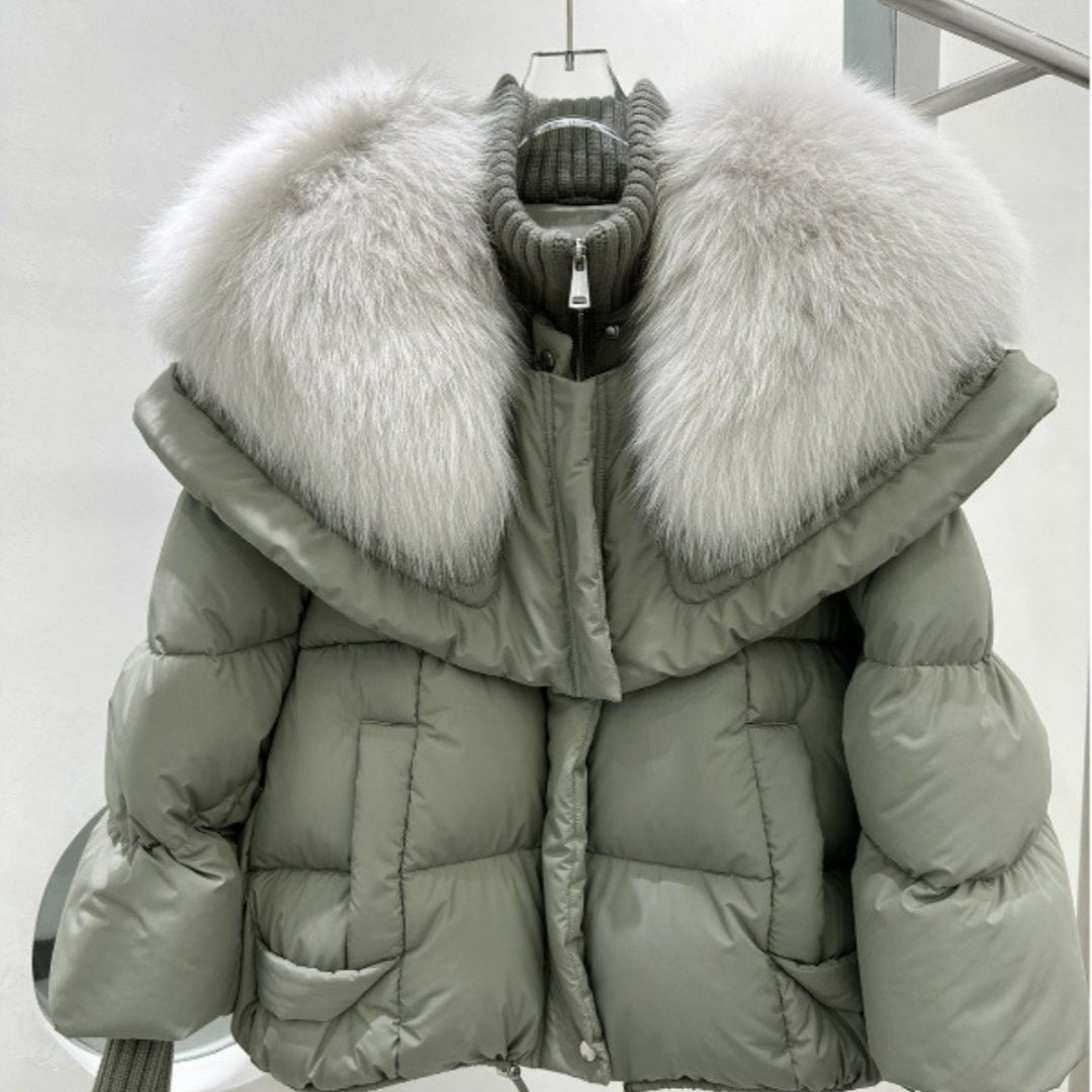 Veste courte en duvet de canard blanc haut de gamme avec col en fourrure de renard, manteau de veste de luxe léger et chaud