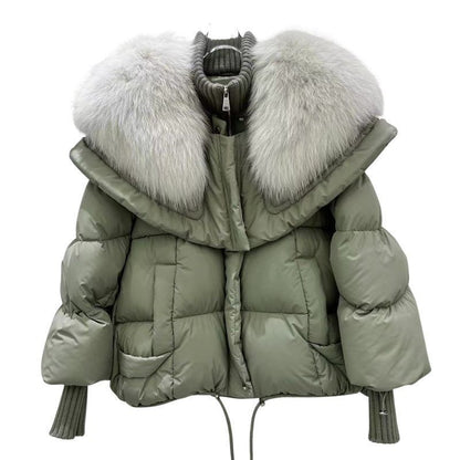 Veste courte en duvet de canard blanc haut de gamme avec col en fourrure de renard, manteau de veste de luxe léger et chaud