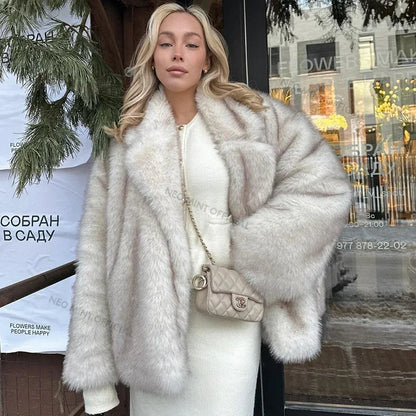 Manteau en fourrure surdimensionné à dégradé pour femmes, mode hiver 2024, vêtements d'extérieur épais et chauds, veste en fausse fourrure de renard moelleuse