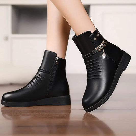 Bottes de neige doublées de laine pour femmes, cuir véritable